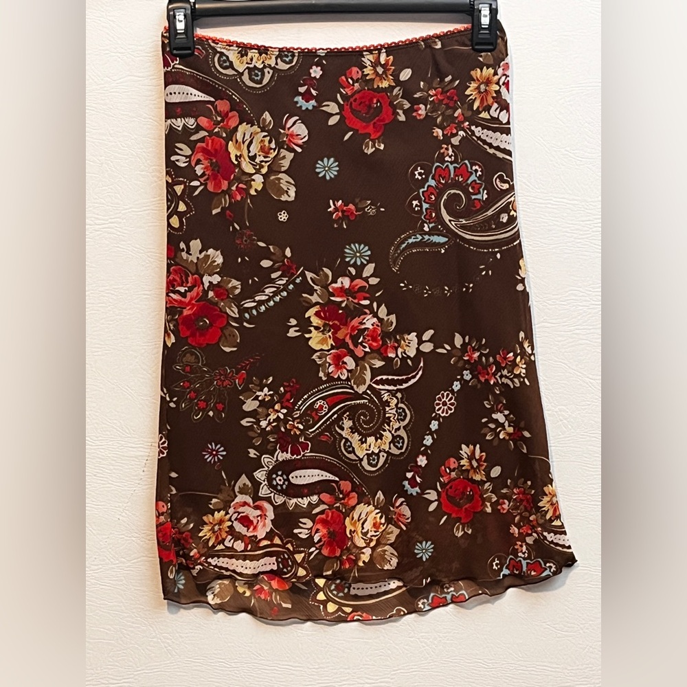Mimi Chica Y2K Vintage 90’s Brown Floral Paisley Lace A-Line Skirt Large